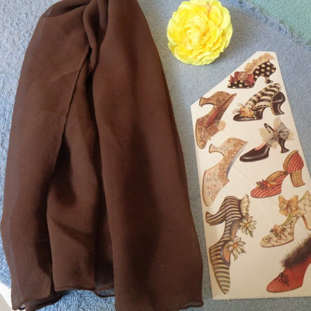 VINTAGE GIRL COQUETTE Brown Chiffon Scarf Plus Early 1900s Shoe Stickers Lot